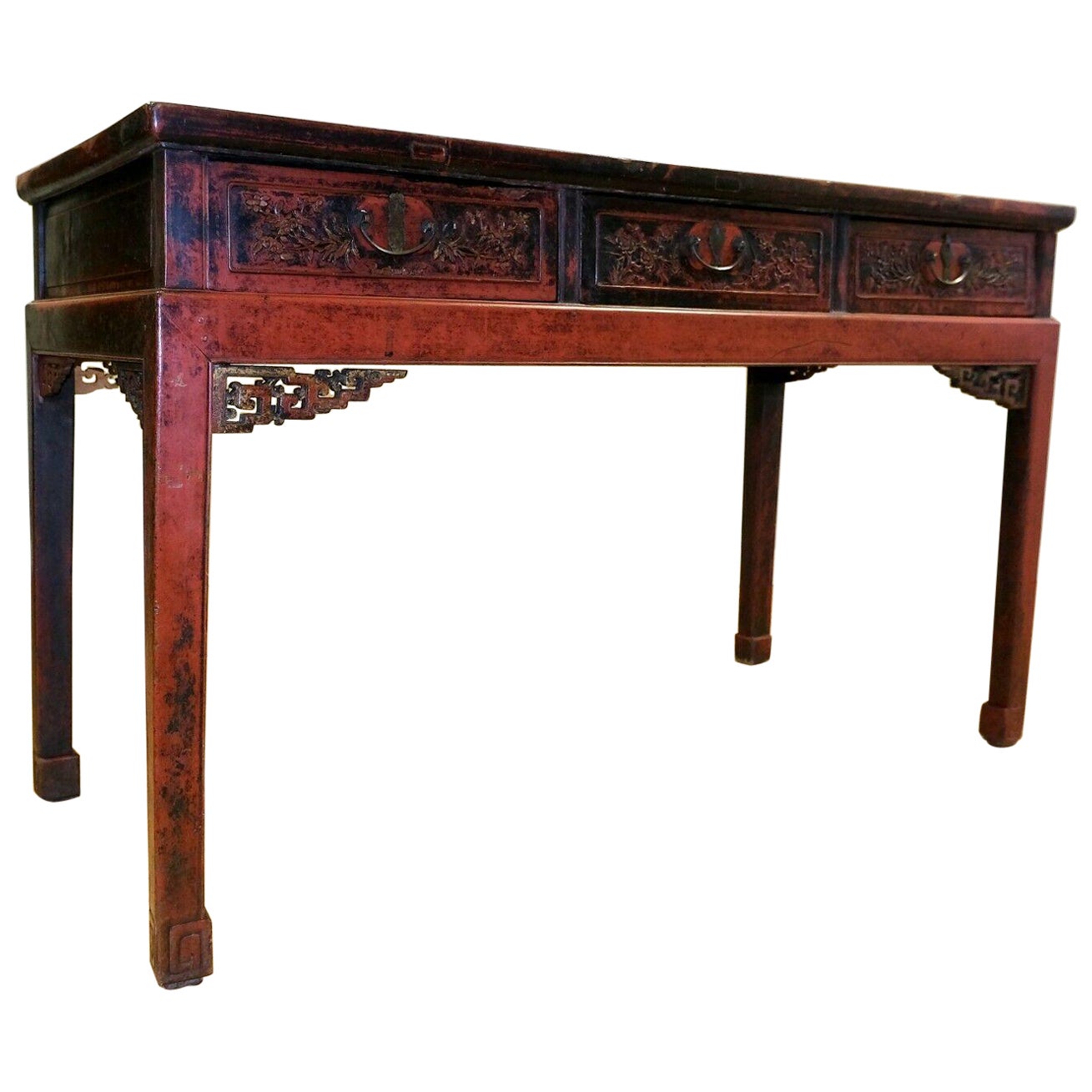 Late 19th C Red Lacquered Chinese Chippendale Console Table with Three Drawers