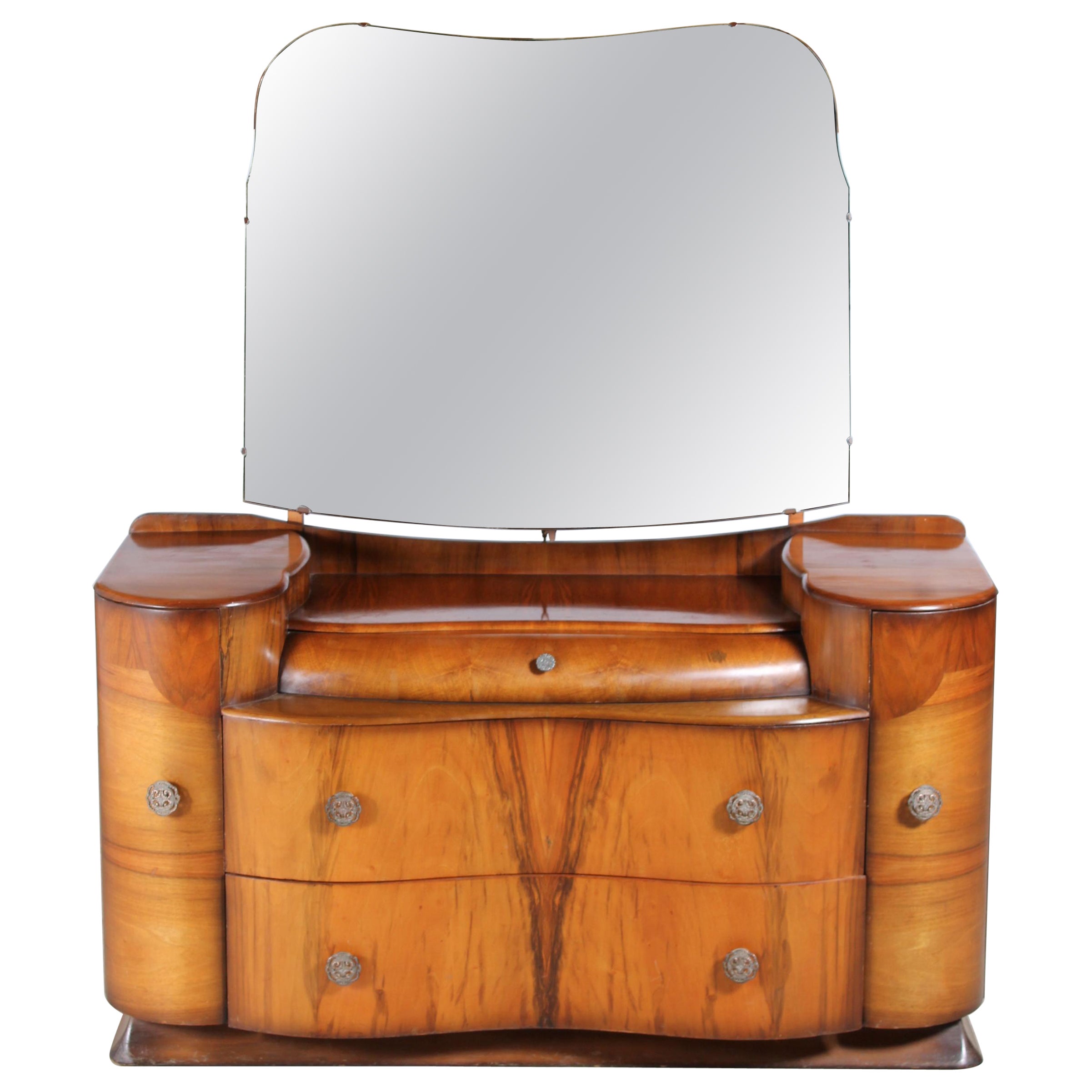 English Art Deco Style Walnut Dresser with a Bevelled Mirror, c. 1950s