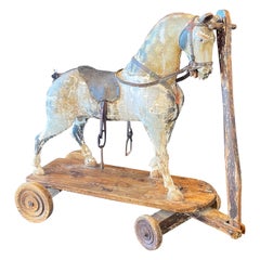 Incredible 19th Century French Wooden Toy Horse on Wheels