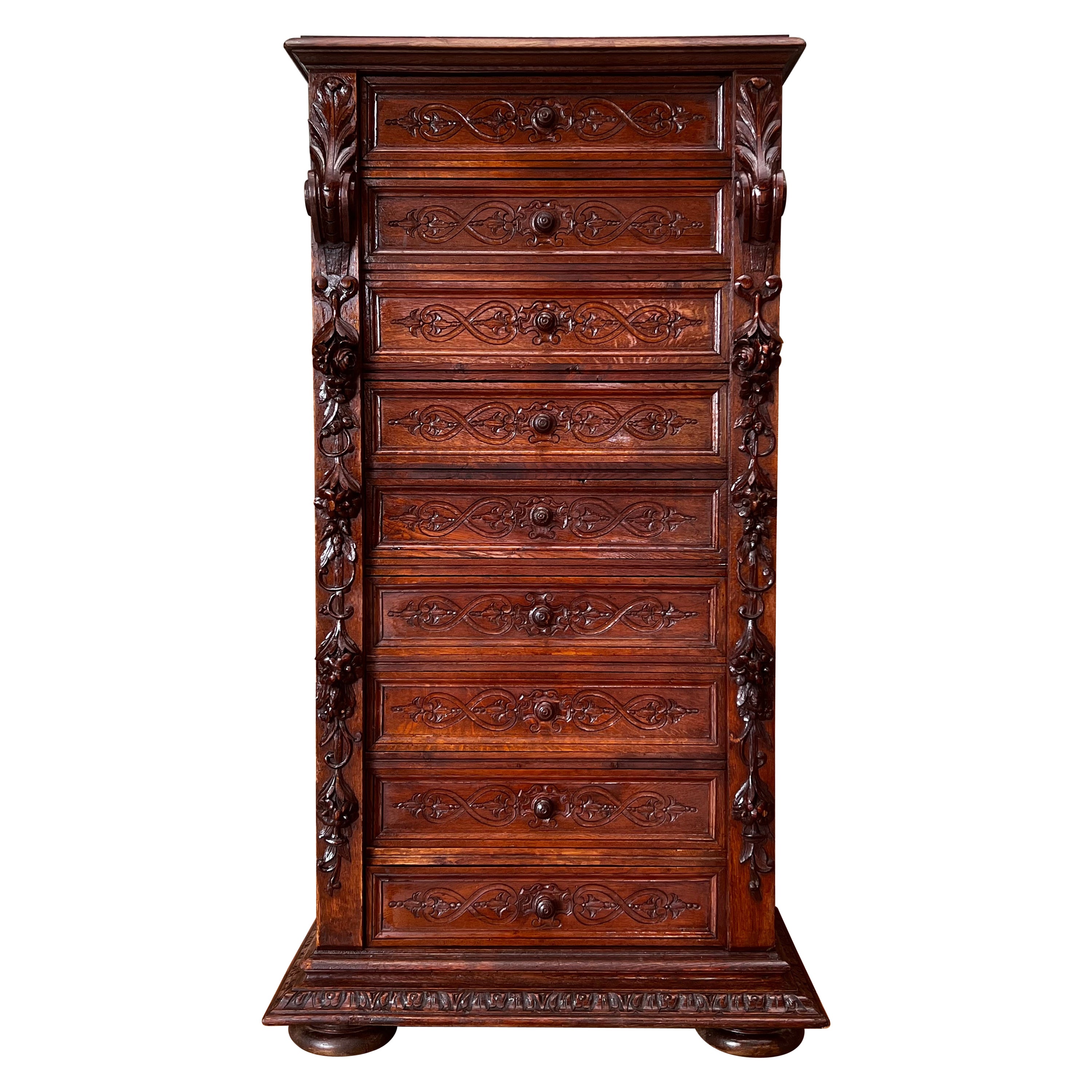 Late 19th Walnut Nine Drawer Tall French Carved Chest or Siffonier
