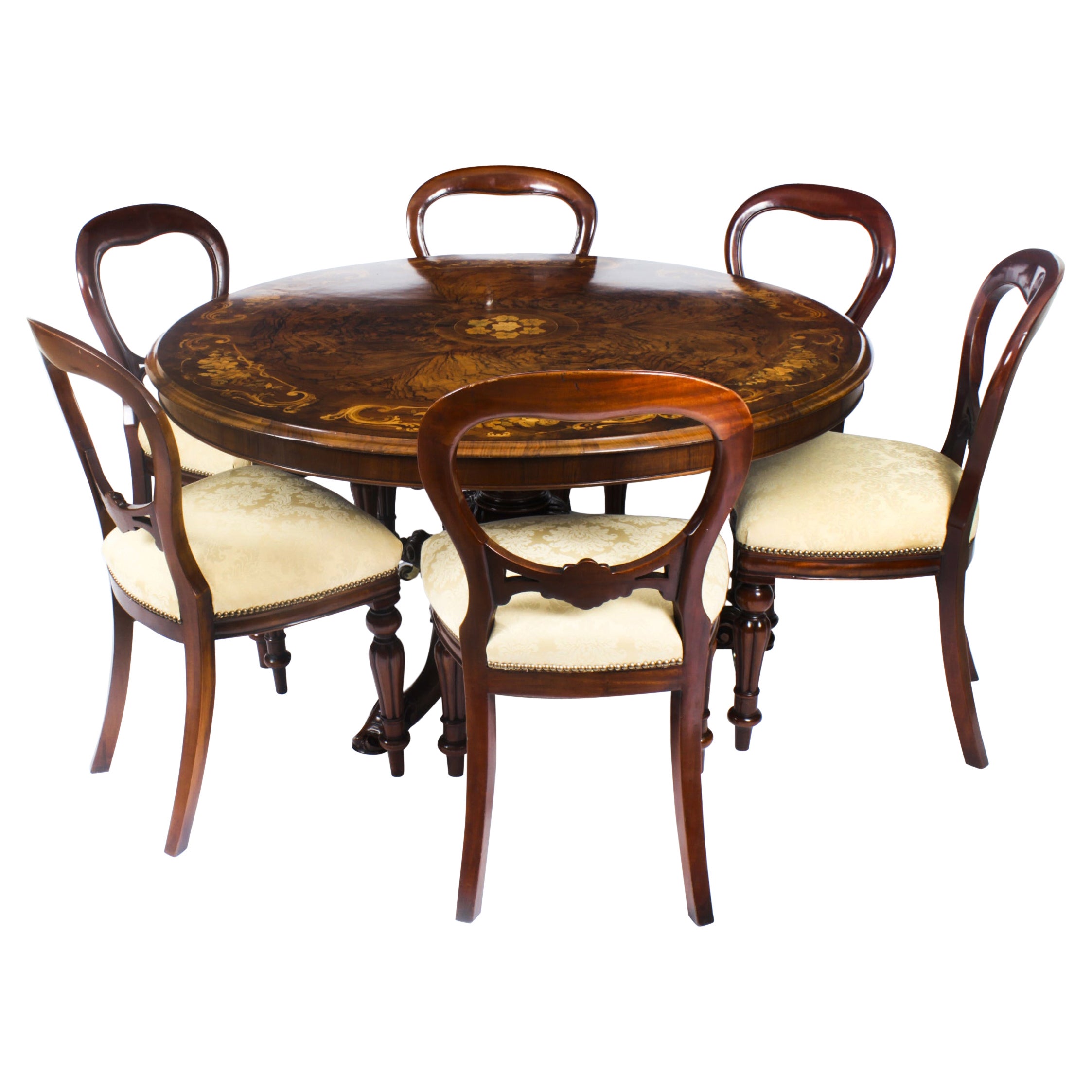 Antique Round Burr Walnut Marquetry Loo Table 19th C & 6 Vintage Chairs