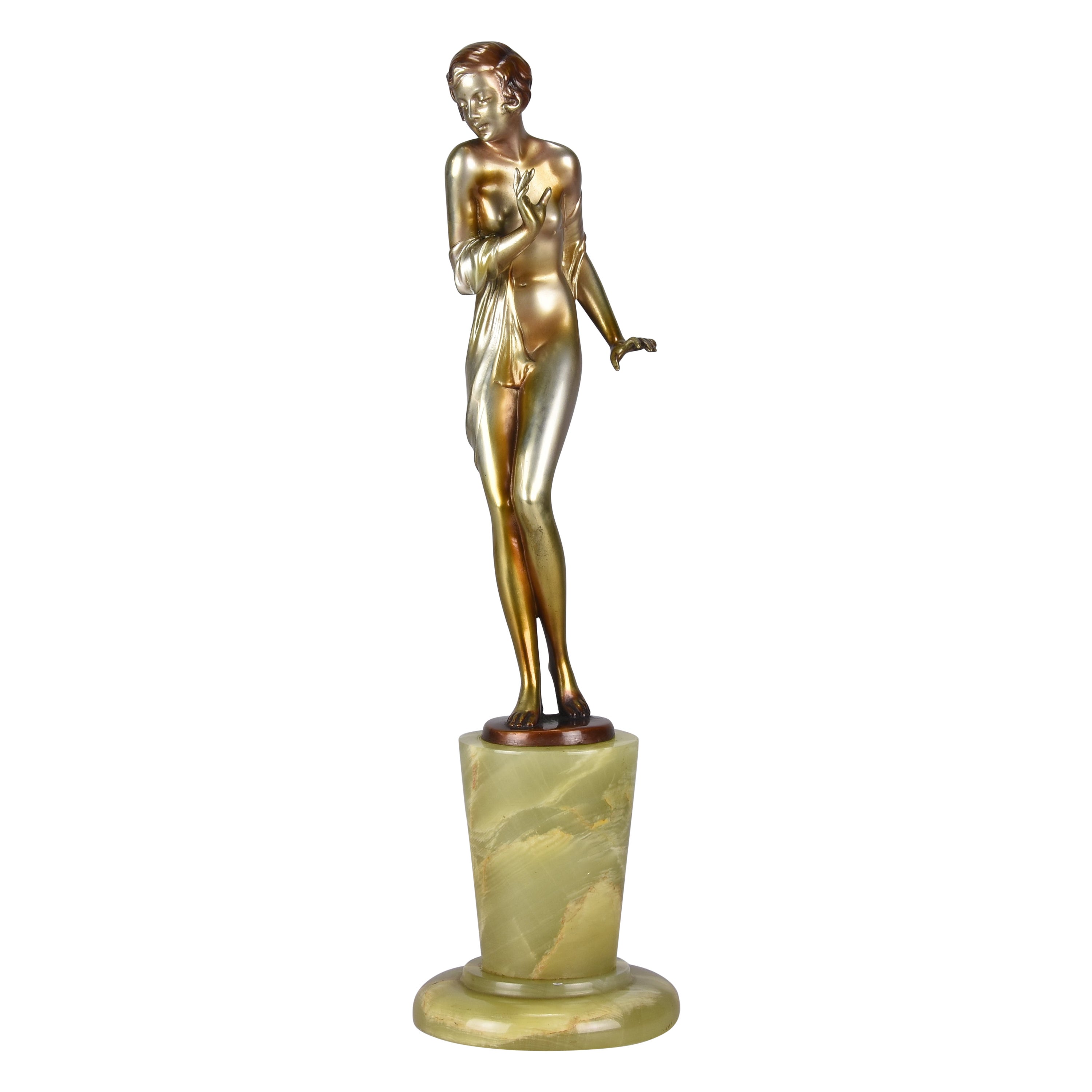 Early 20th Century Austrian Cold-Painted Bronze "Modesty" by Josef Lorenzl For Sale