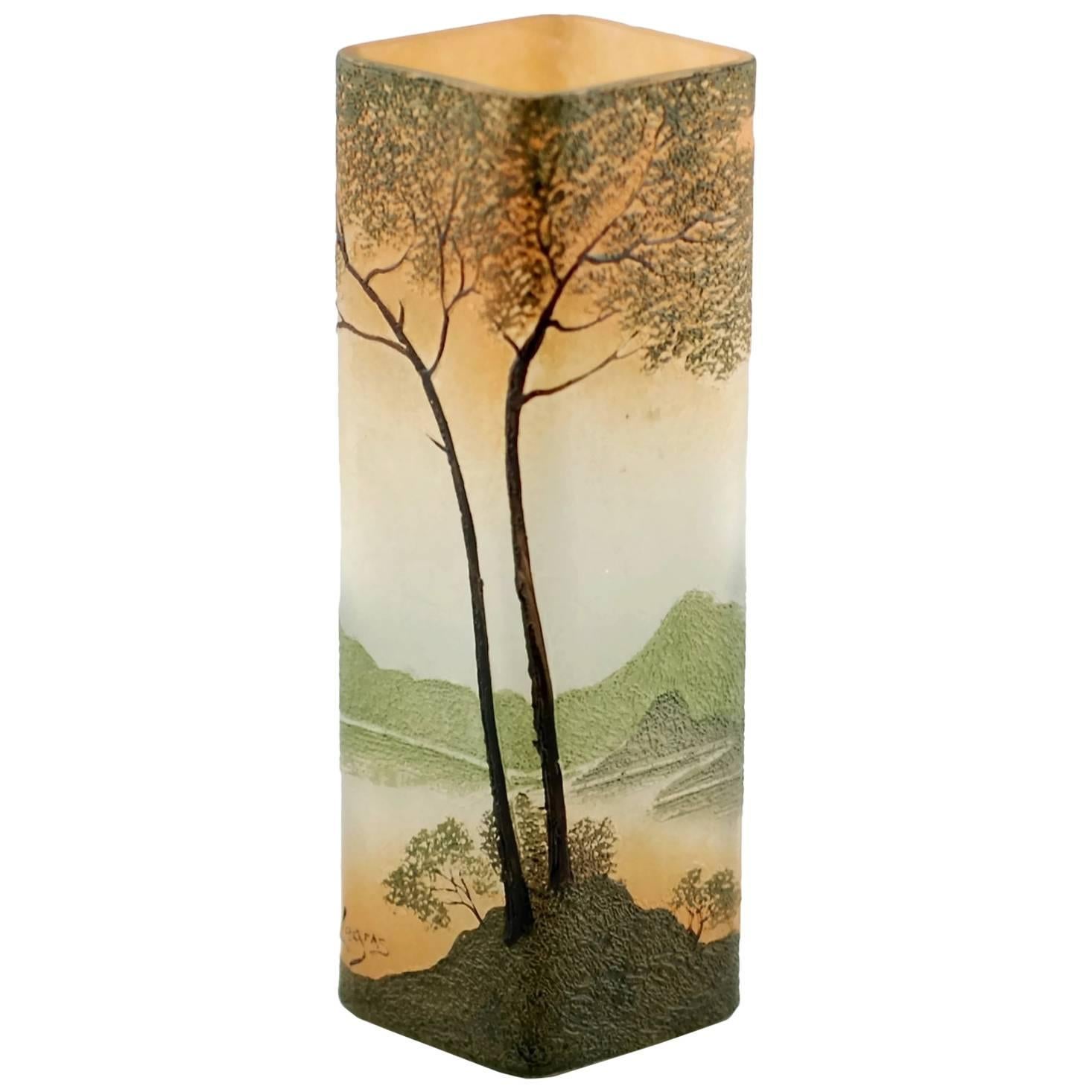 Art Nouveau Legras Enameled Cameo Glass Vase with Landscape Motif