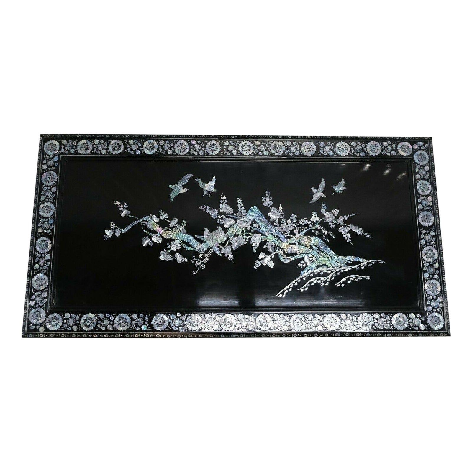 Chinese 20th Century Black Laquer & Mother Pearl Inlaid Low Coffee Table For Sale