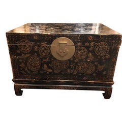 Stunning Chinese Black & Gold Lacquer Chest on Stand Coffee Table