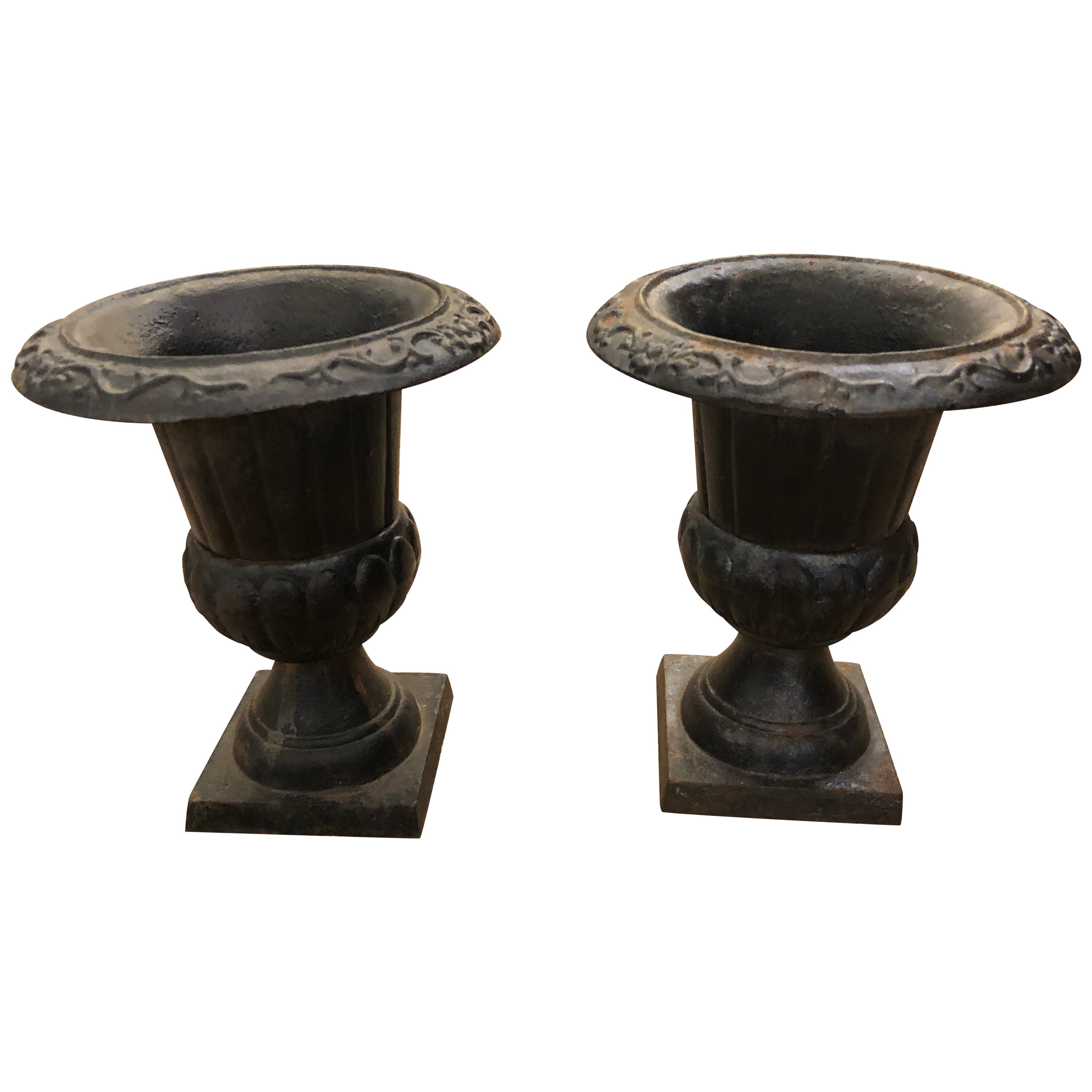 Charming Little Pair of Black Iron Urns For Sale