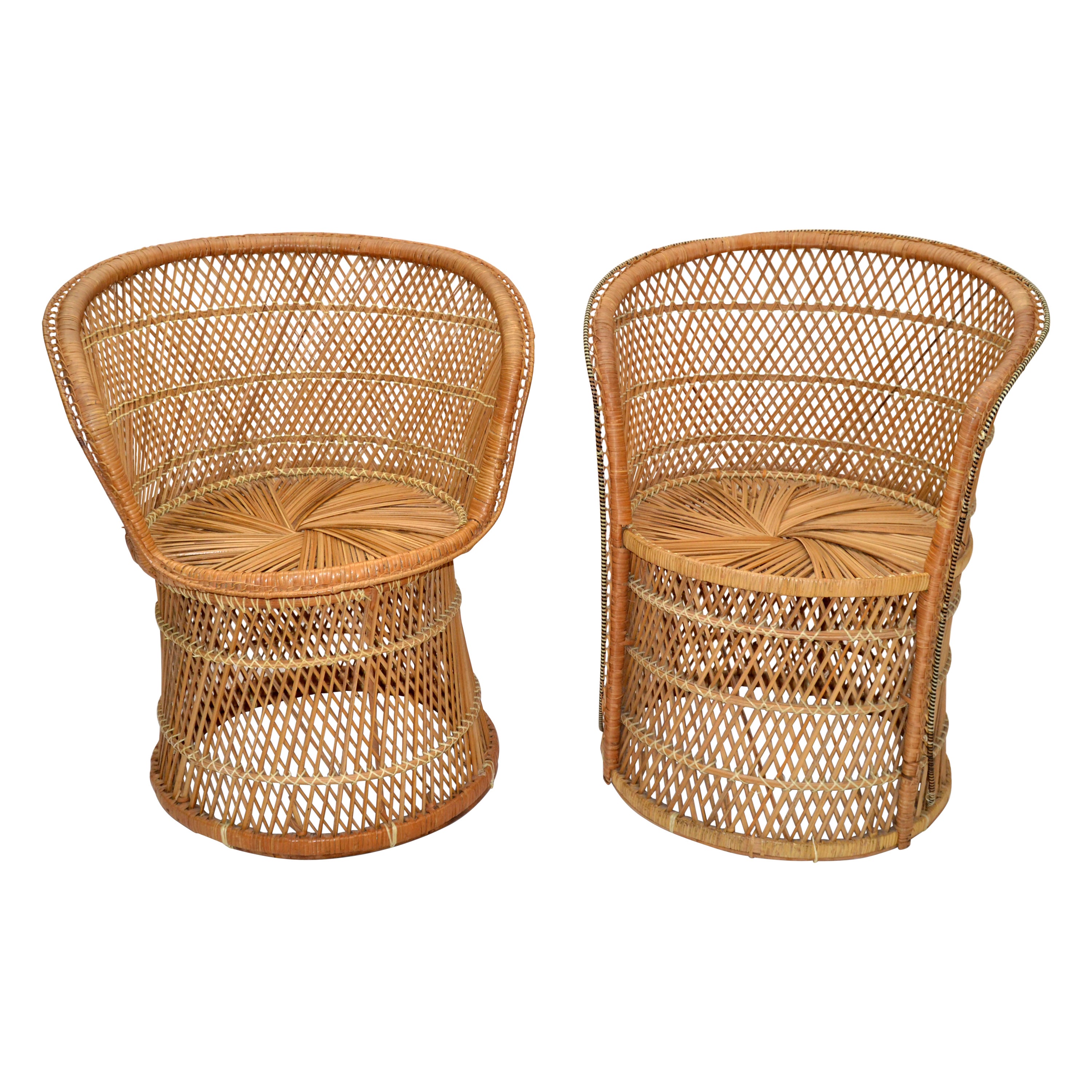Him & Her Vintage Handwoven & Crafted Chinoiserie Rattan Cane & Bamboo Armchairs