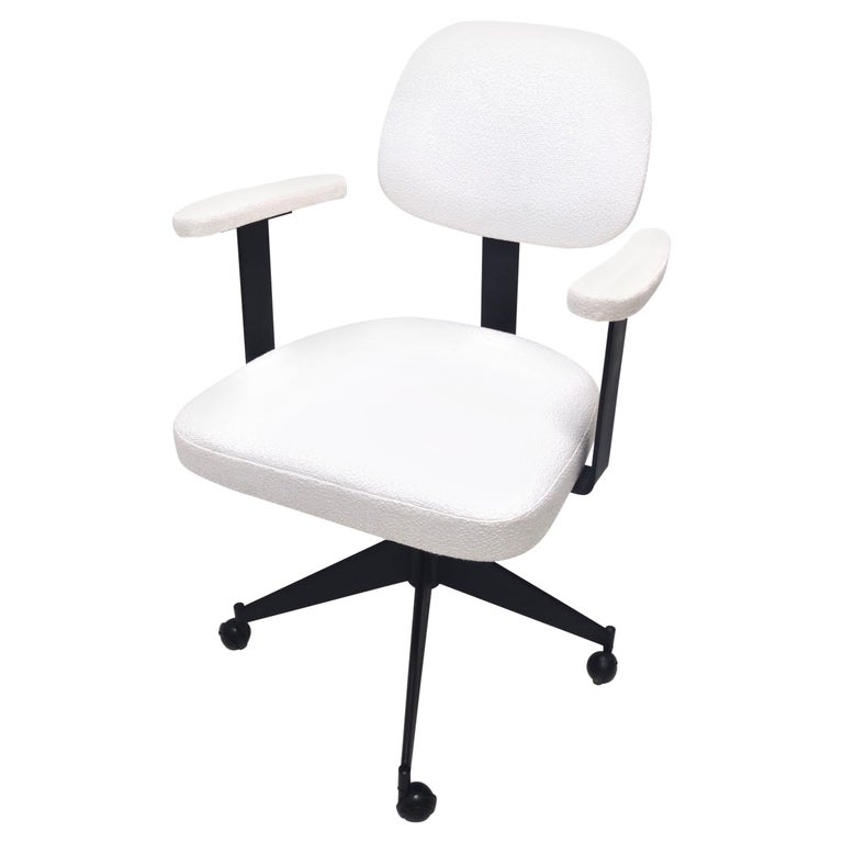 Vintage White Fabric Desk Chair with Black Metal Frame Ascribable to