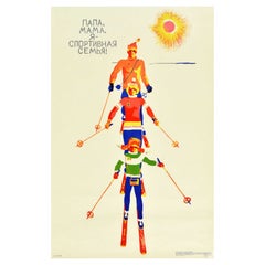 Original Vintage Soviet Sport Poster Skiing Family USSR Winter Sport