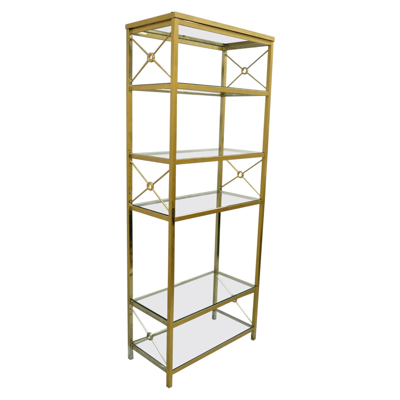 Vintage Brass Metal Gold X-Form Hollywood Regency Modern Curio Shelf Bookcase For Sale