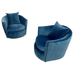 Pair of Milo Baughman Style Swivel, Tub Chairs, Blue Velvet, American, 1980s