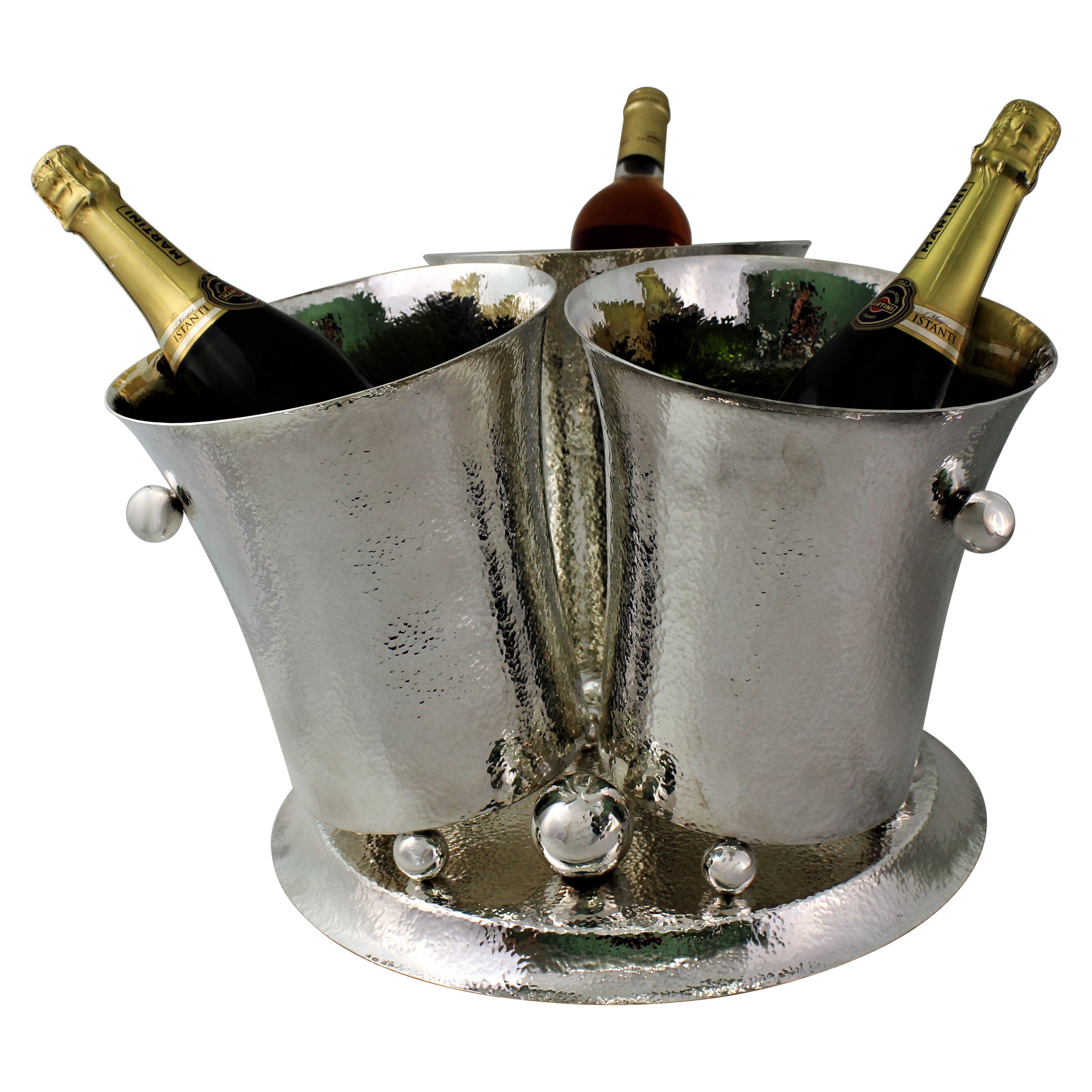 20th Century Hammered Silver Triple Wine Cooler Italy 1930s For Sale