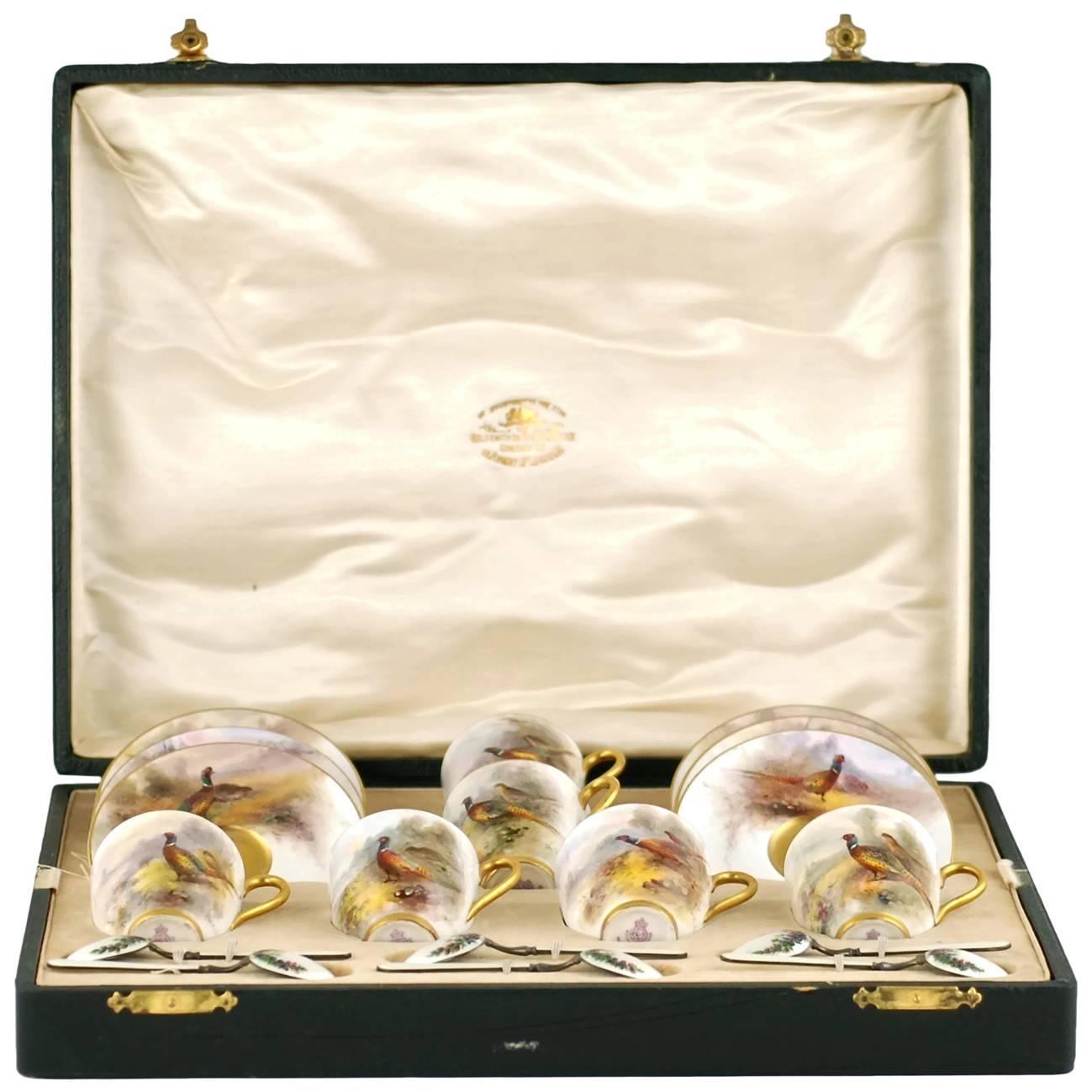 Royal Worcester James Stinton Cased Coffee Set with Enameled Sterling Spoons