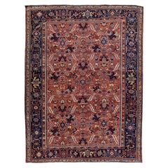 Ancien tapis persan Heriz en laine rouillée géométrique fait à la main, entièrement recouvert de laine