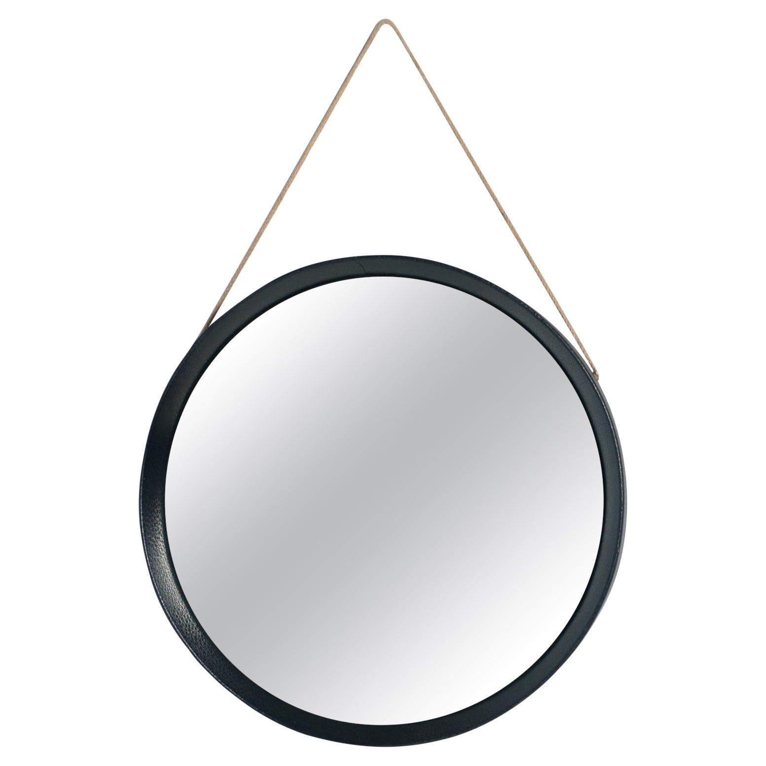 Round Wall Mirror, by Luigi Fontana, Fontana Arte, Wood Frame Leather Covered For Sale
