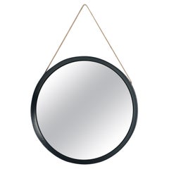 Round Wall Mirror, by Luigi Fontana, Fontana Arte, Wood Frame Leather Covered