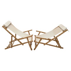 Pair of Vintage Bamboo, Brass & Linen Fabric Folding Lounge Chairs, 1970