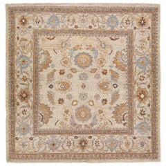 Modern Sultanabad Handmade Floral Beige and Gray Square Wool Rug