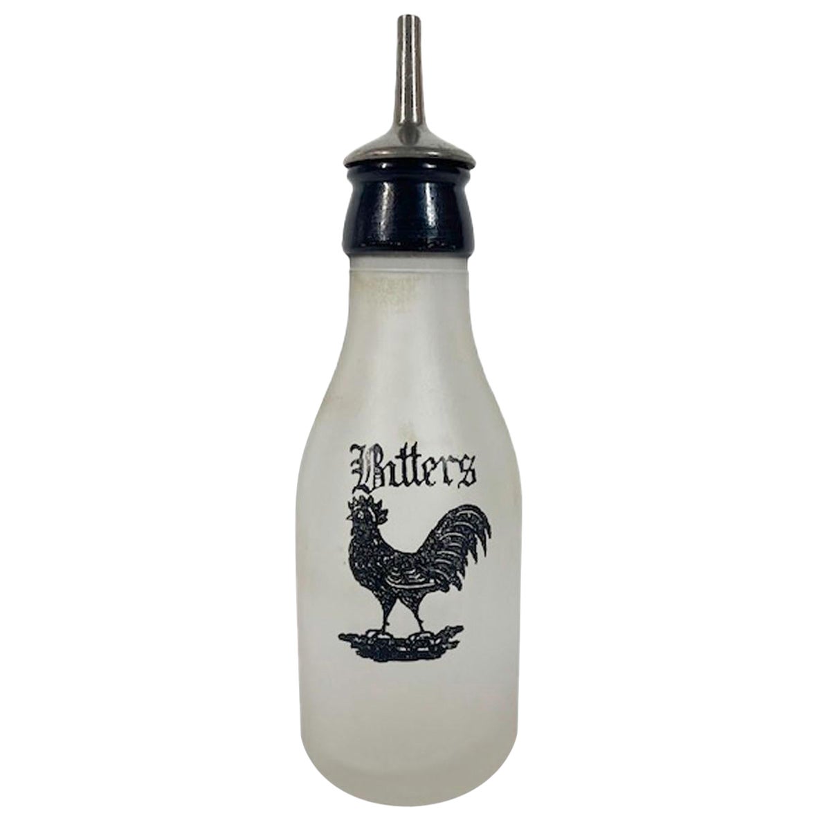 Art Deco Bitters Bottle with Pour Stopper and Black Enamel Rooster & "Bitters" For Sale