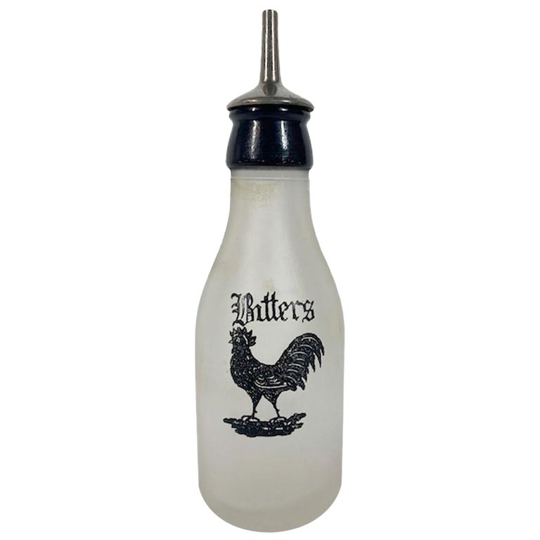 Art Deco Bitters Bottle with Pour Stopper and Black Enamel Rooster and