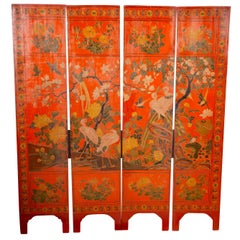 Antique Chinese Four Panel Red Coromandel Screen