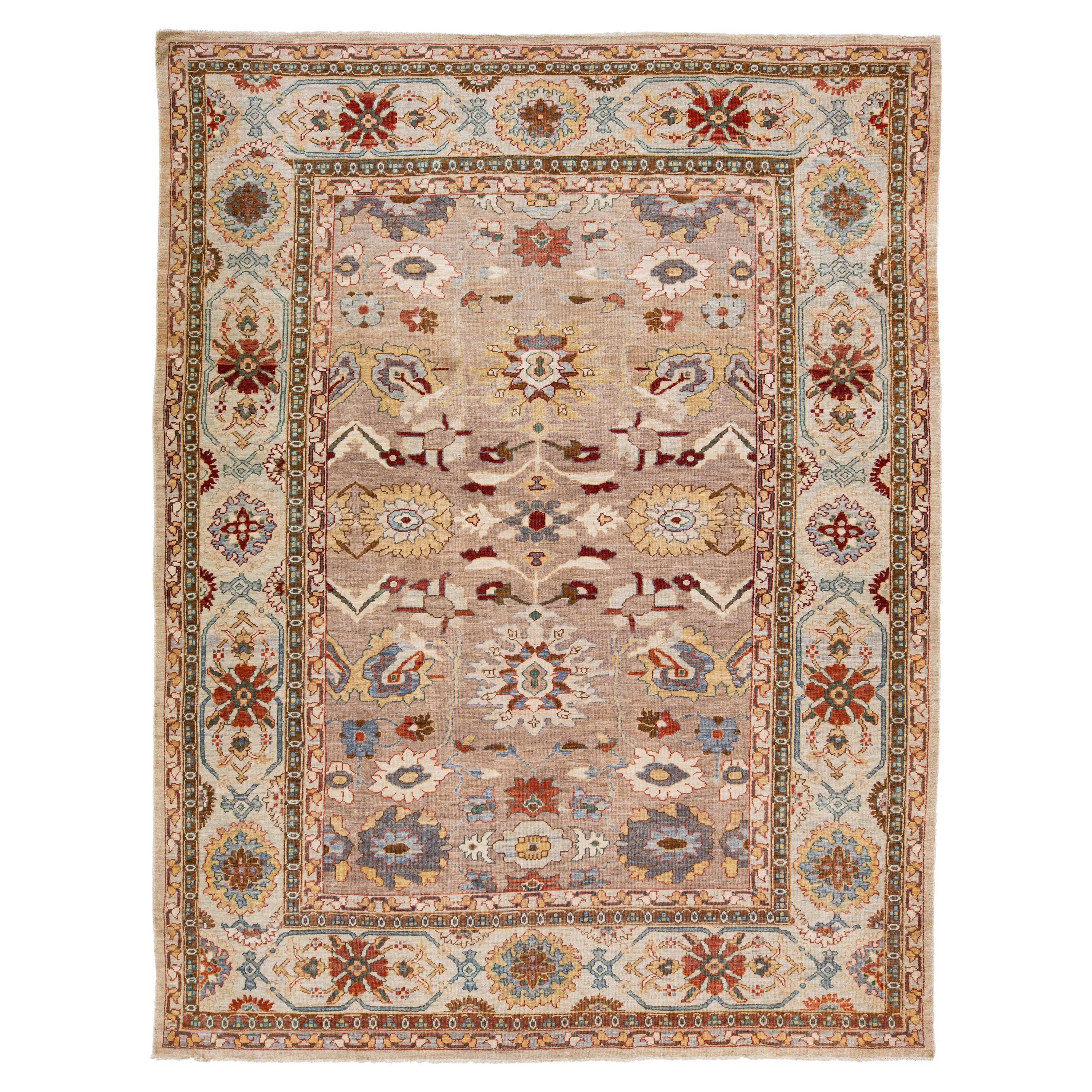 Brown Modern Sultanabad Handmade Wool Rug with Floral Design