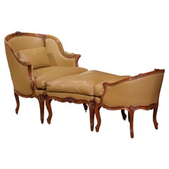 19th Century French Louis XV Provencal Walnut and Leather Three-Piece "Duchess"
