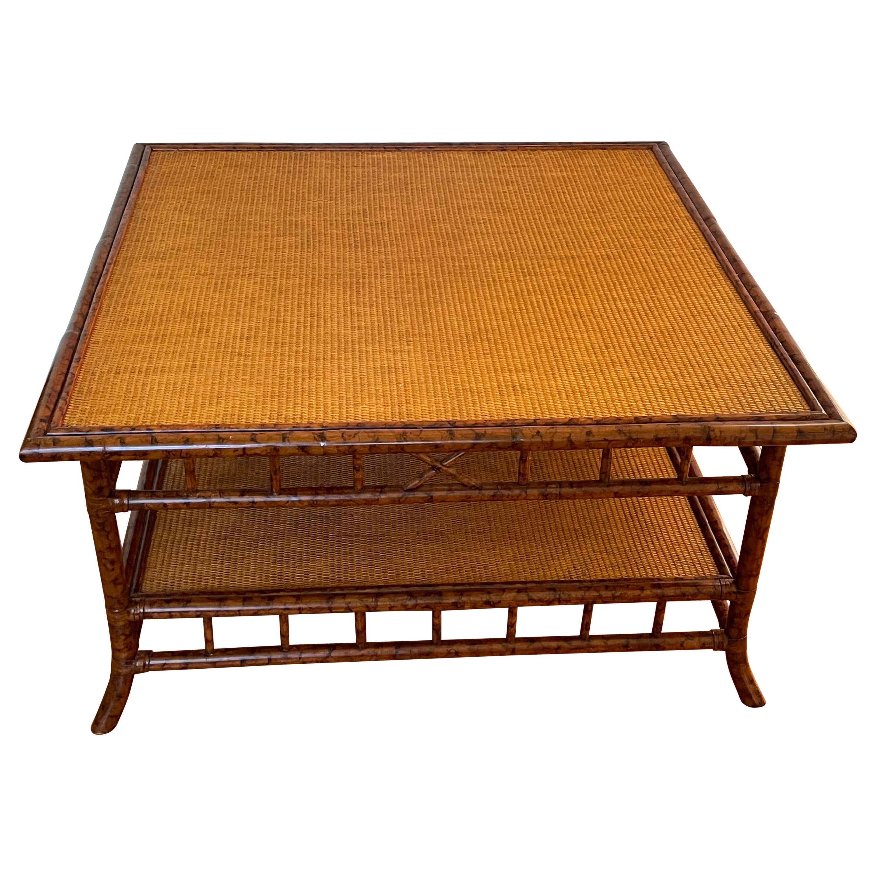 British Colonial Faux Bamboo and Grass Cloth Square Coffee Table For Sale