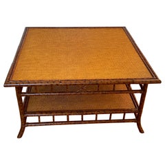 British Colonial Faux Bamboo and Grass Cloth Square Coffee Table, 1980's