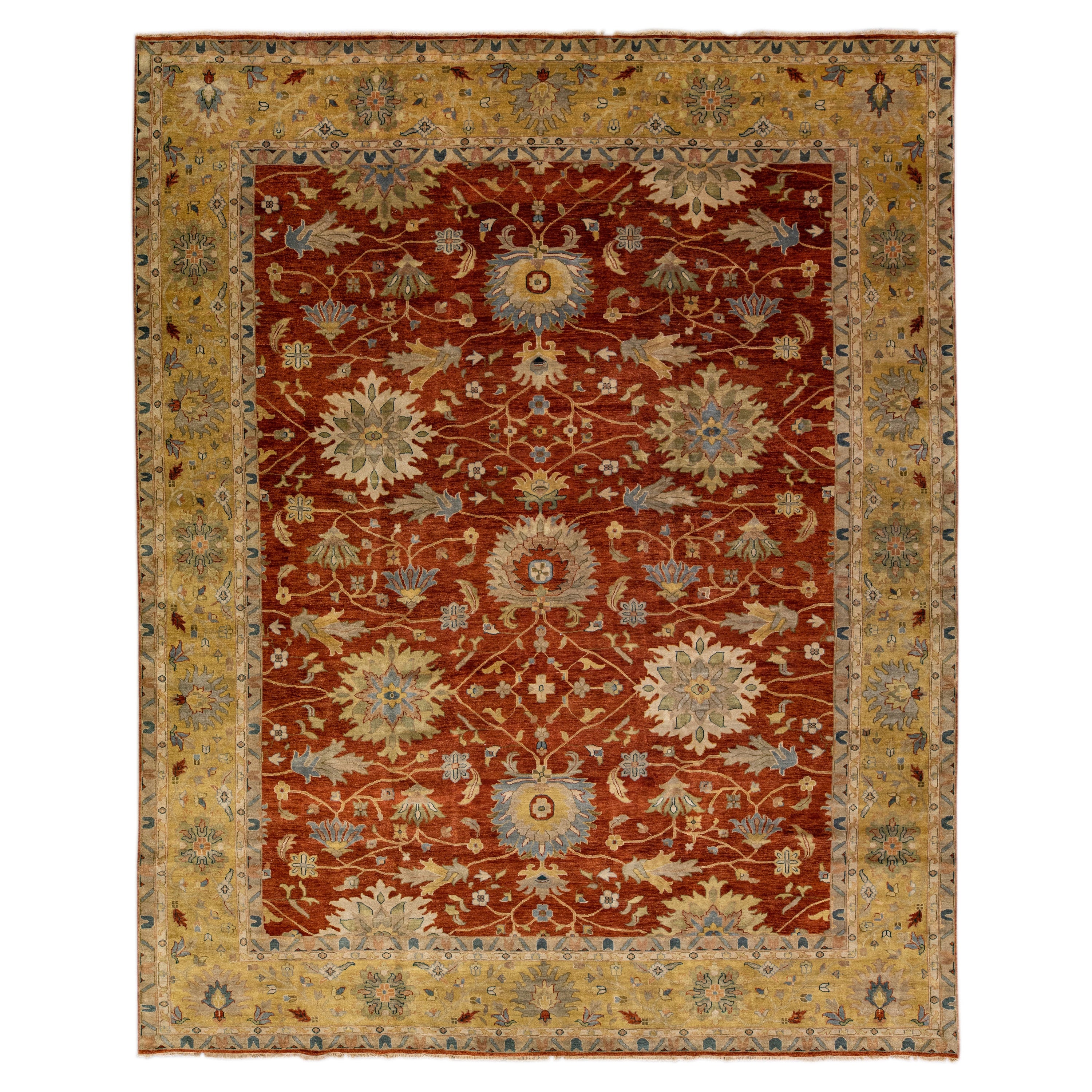 Modern Mahal Handmade Terracotta Oversize Wool Rug with Floral Motif For Sale