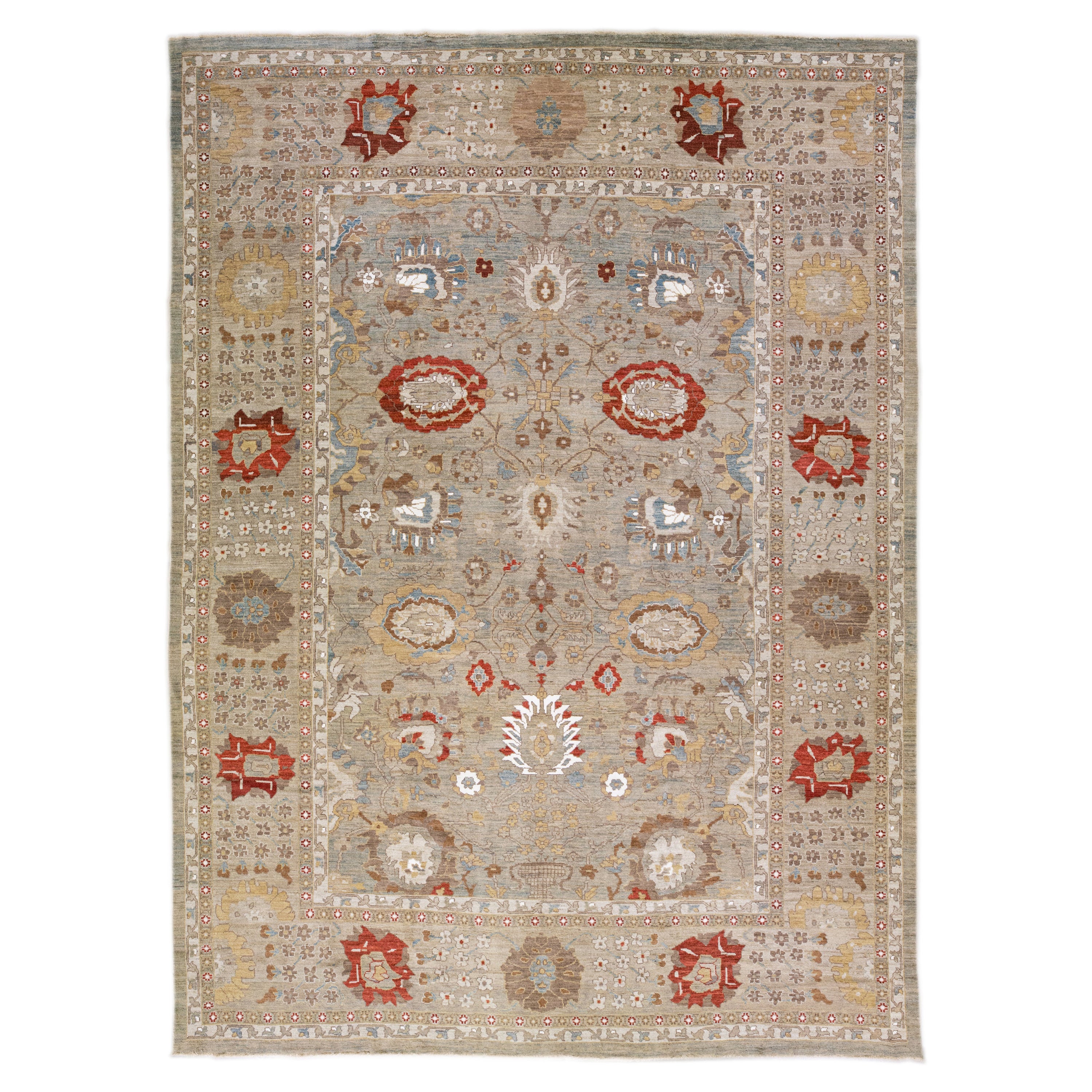 Gray Modern Sultanabad Handmade Floral Oversize Wool Rug For Sale