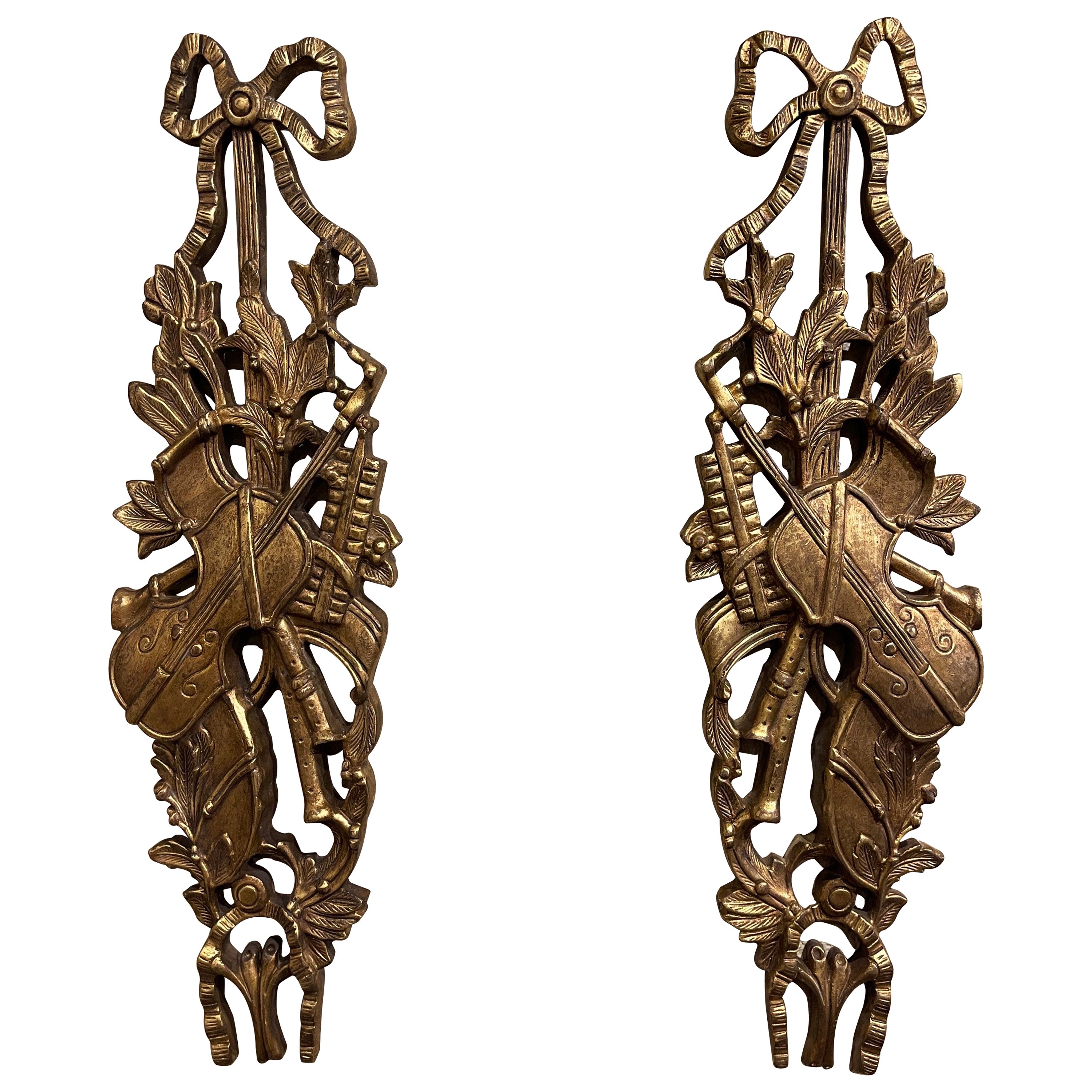 Pair of Mid-Century French Louis XVI Carved Gilt Music Instruments Wall Trophies For Sale