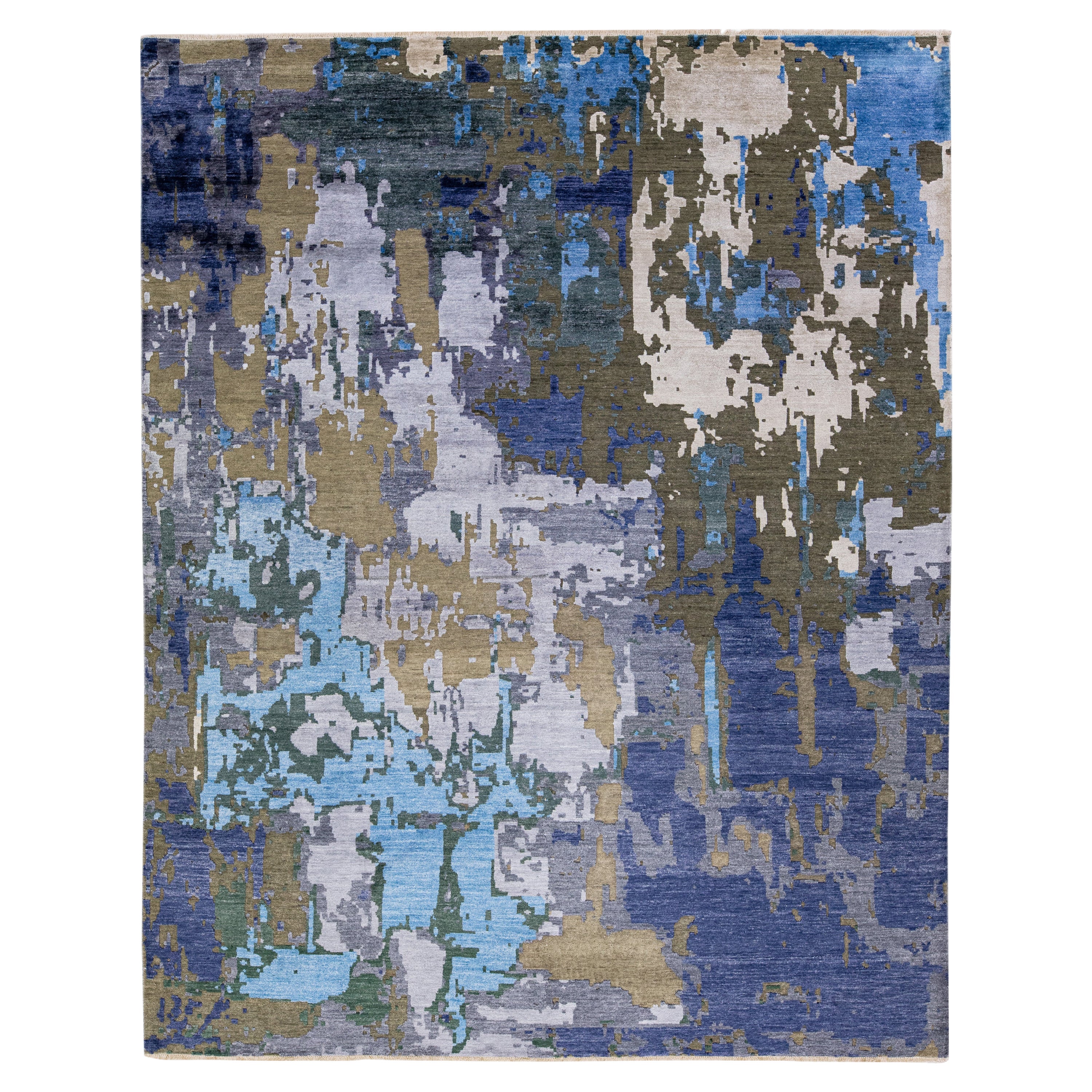 Modern Abstract Indian Handmade Blue Wool and Silk Rug