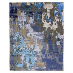 Moderner moderner abstrakter indischer handgefertigter Teppich aus blauer Wolle und Seide