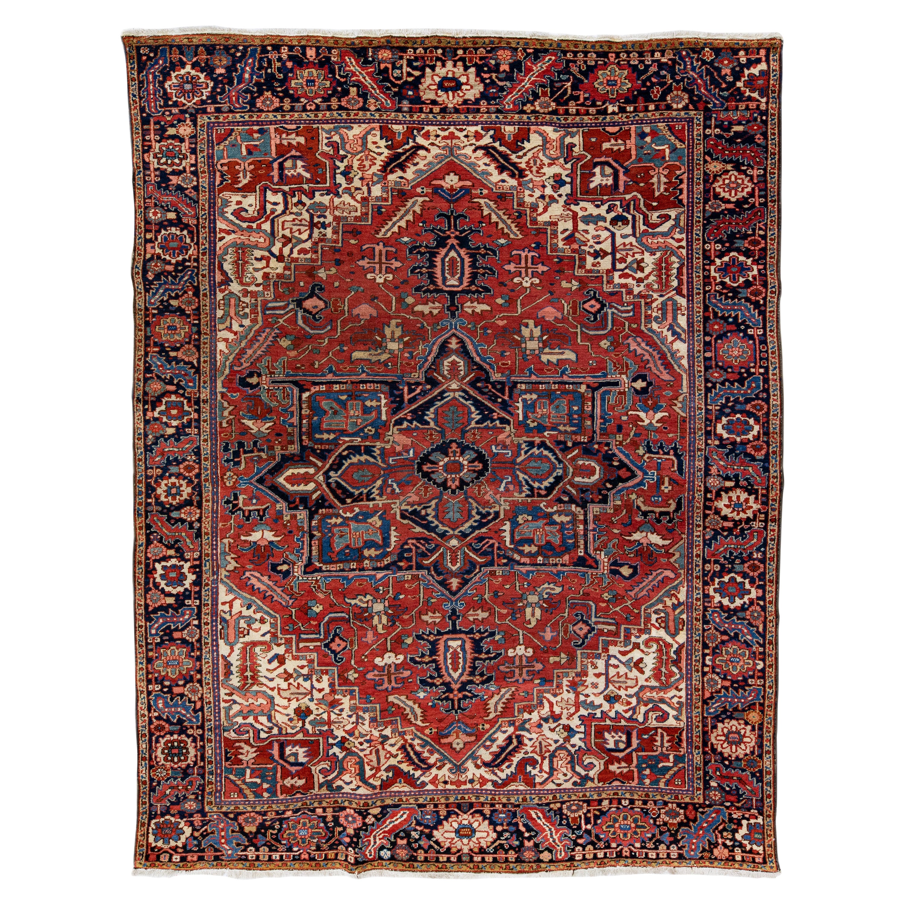 Antique Persian Heriz Handmade Red Wool Rug with Medallion Motif