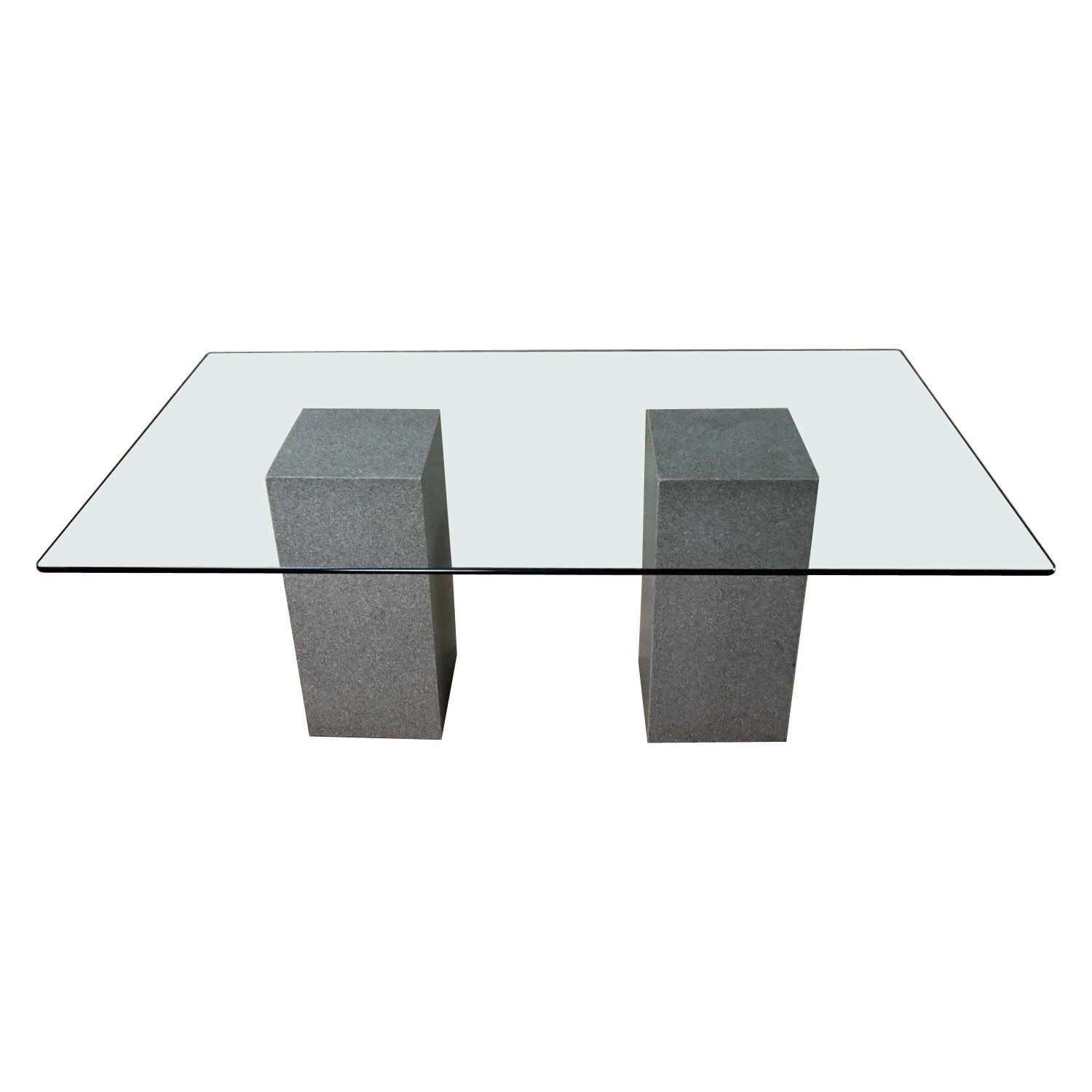 Table de salle à manger moderne vintage à double piédestal avec plateau en verre rectangulaire