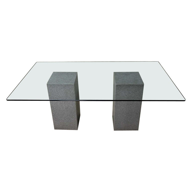 Vintage Modern Double Pedestal Dining Table with Rectangular Glass Top For Sale