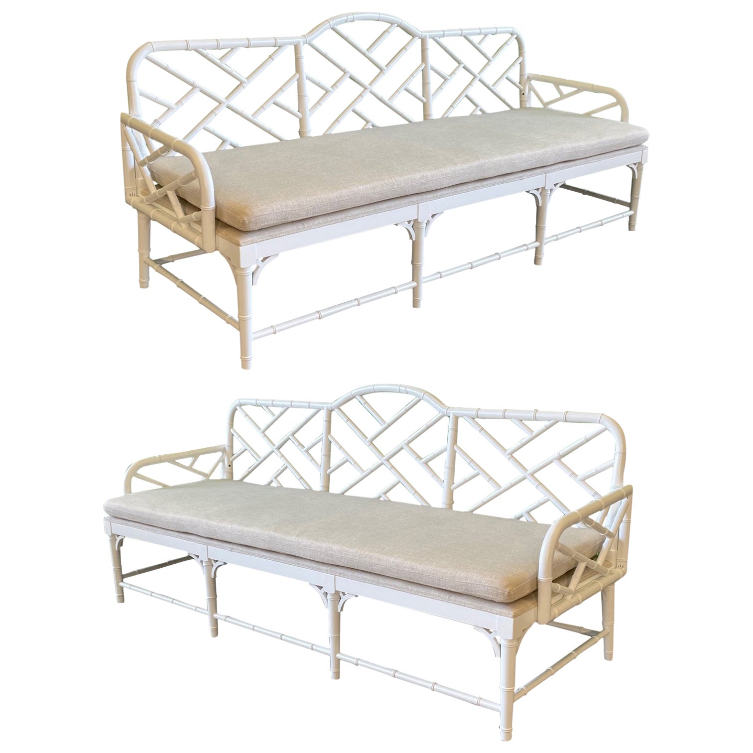 Faux Bamboo Chinese Chippendale Garden Sofas, A Pair