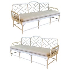 Faux Bamboo Chinese Chippendale Garden Sofas, A Pair