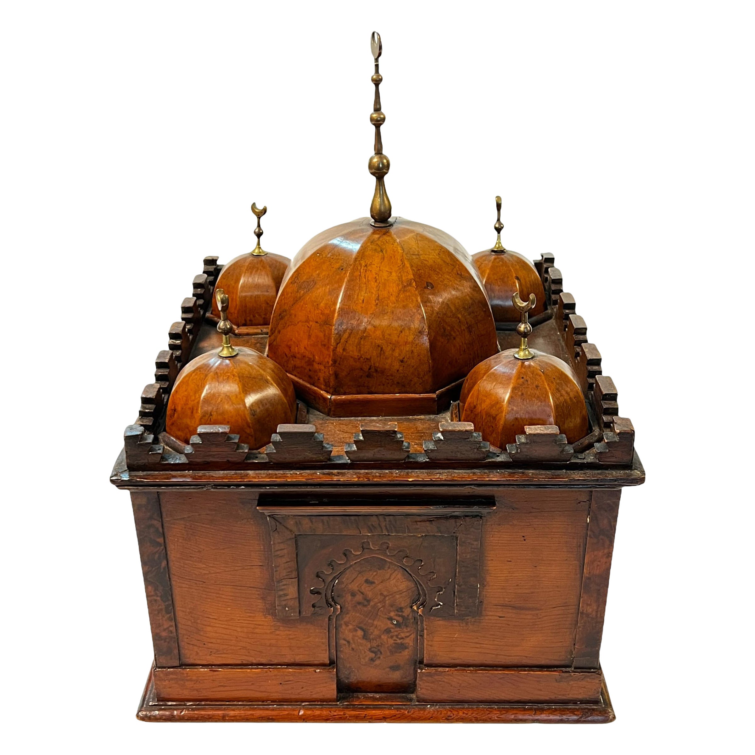 Mosque Form Cellaret Wine Box in Fruitwood and Brass