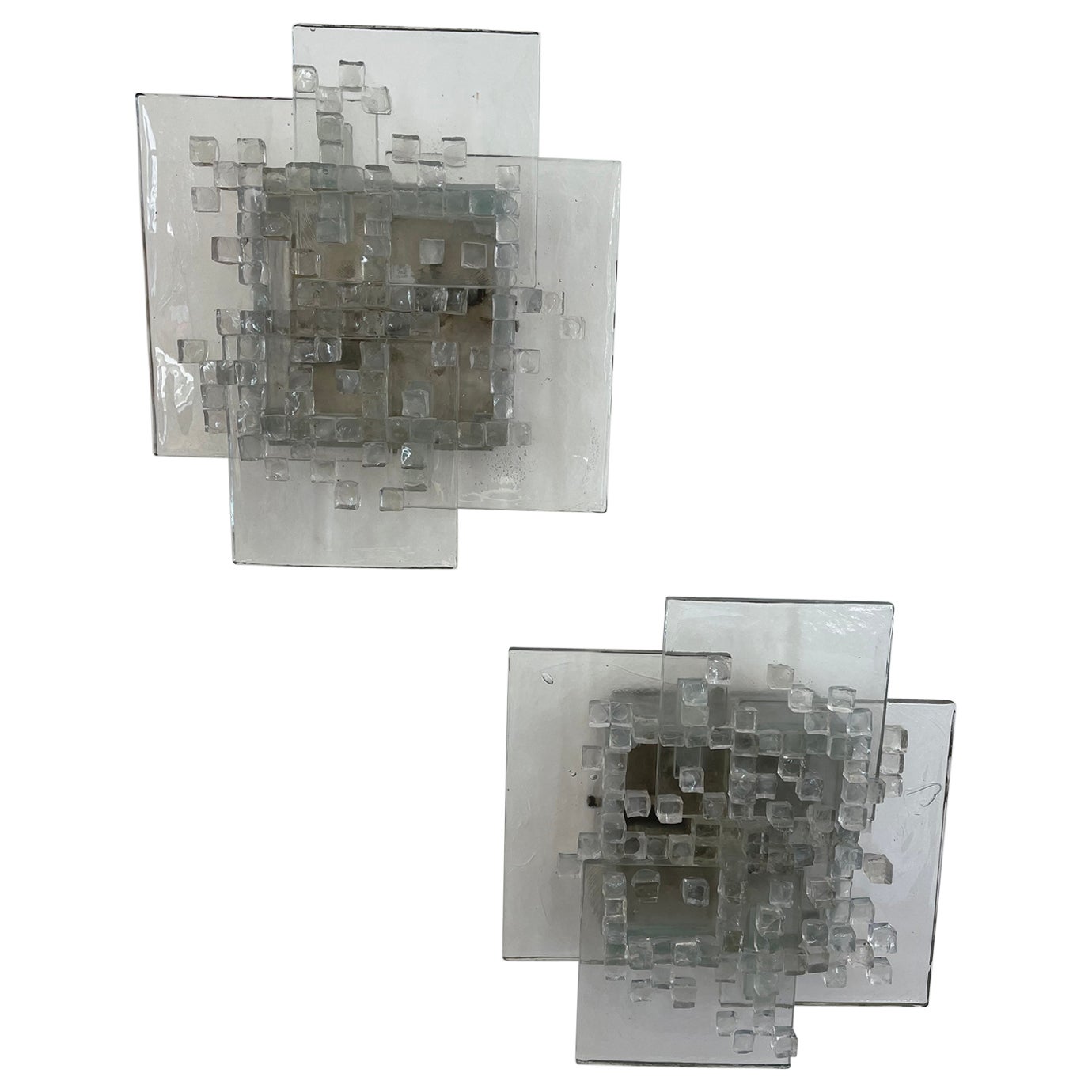 Pair of Pavo Glass Cube Sconces by Poliarte, Italy, 1970s