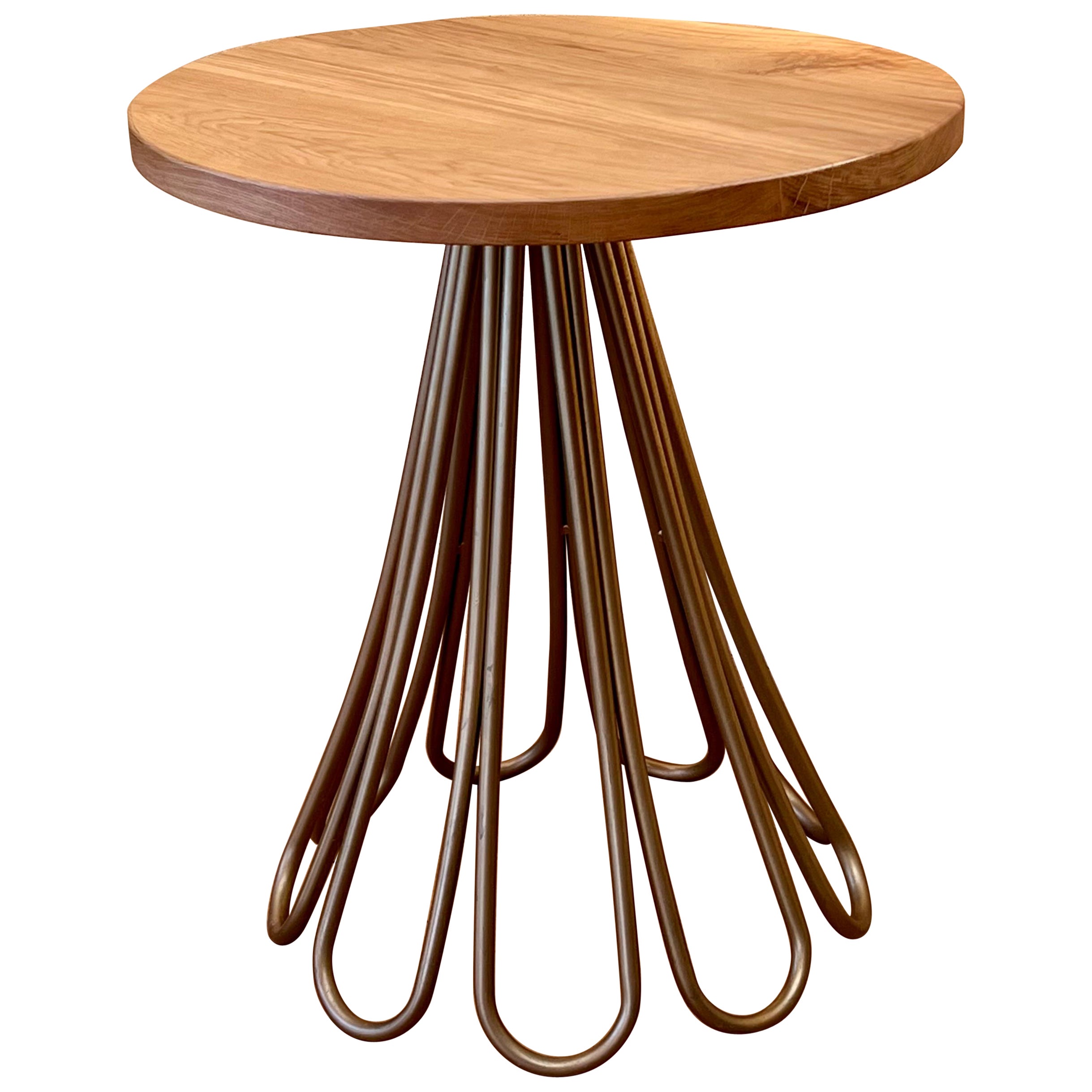 Table d'appoint Fleur en métal neuf avec plateau en bois de chêne, intérieure et extérieure