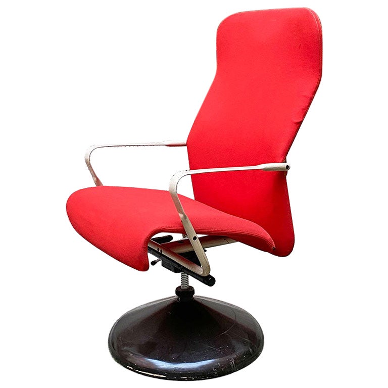 Norwegian Post Modern Metal, Wood, Red Fabric Adjusting Height Armchair, 1980s