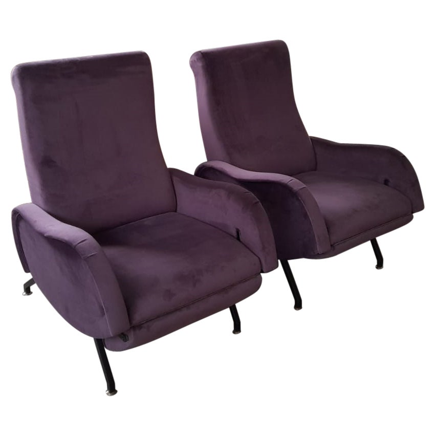 1970s in Style of Zanuso Reclining Purple Velvet Armchairs, Set of Two