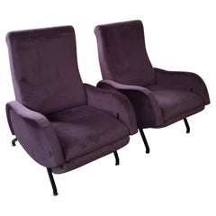 1970s Zanuso Reclining Purple Velvet Armchairs, Set of Two