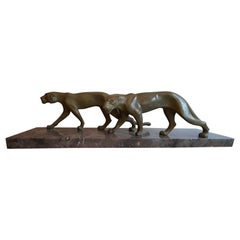 Art Deco M. Font French Pair of Lacquered Metal Panthers Marble Base Sculpture