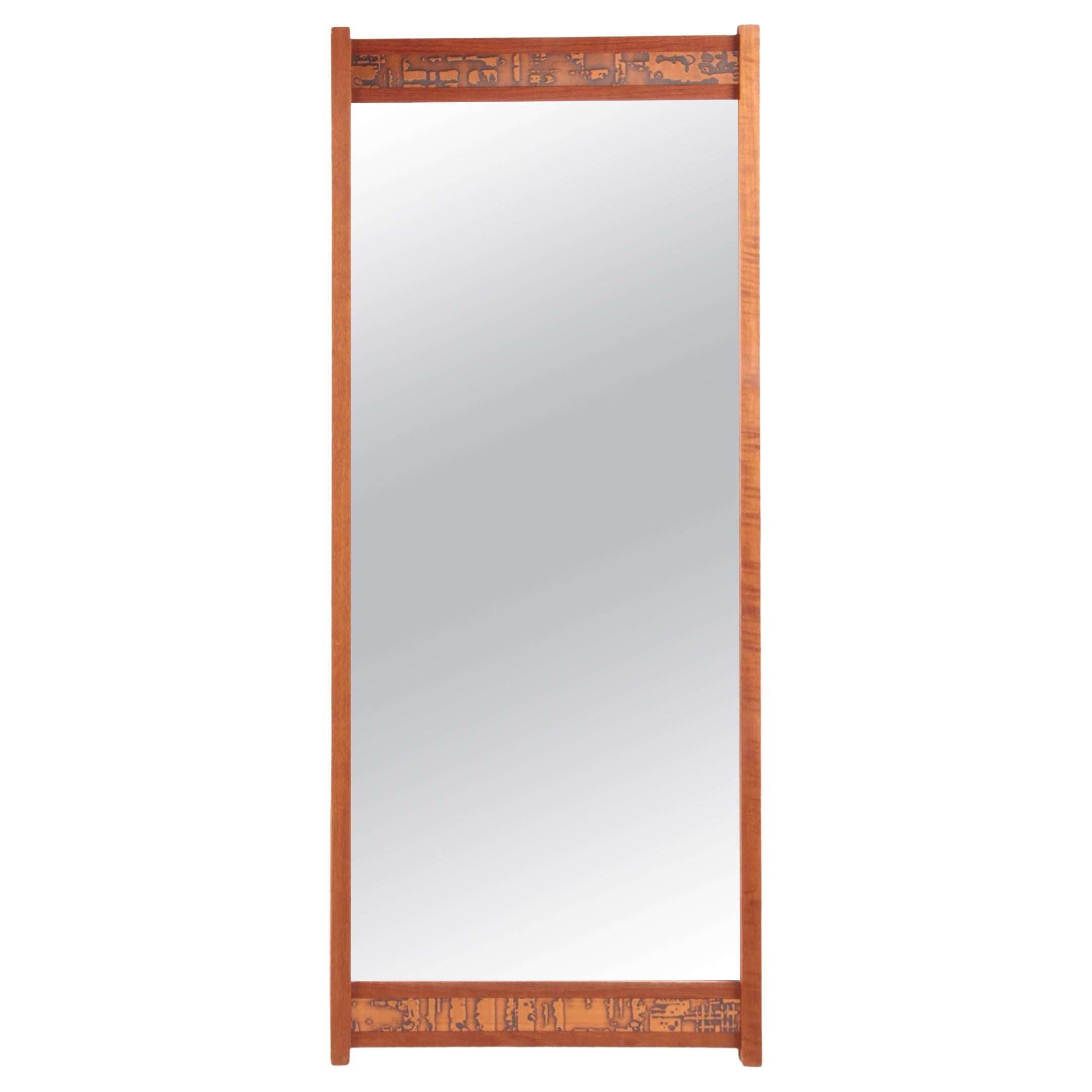 Vintage Mirror with Sturdy Copper Edge of Teak 1960s Denmark