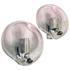 Italian Mid Century Pair of Pink Murano Glass and Chromed Steel Wall Lamps 1960s