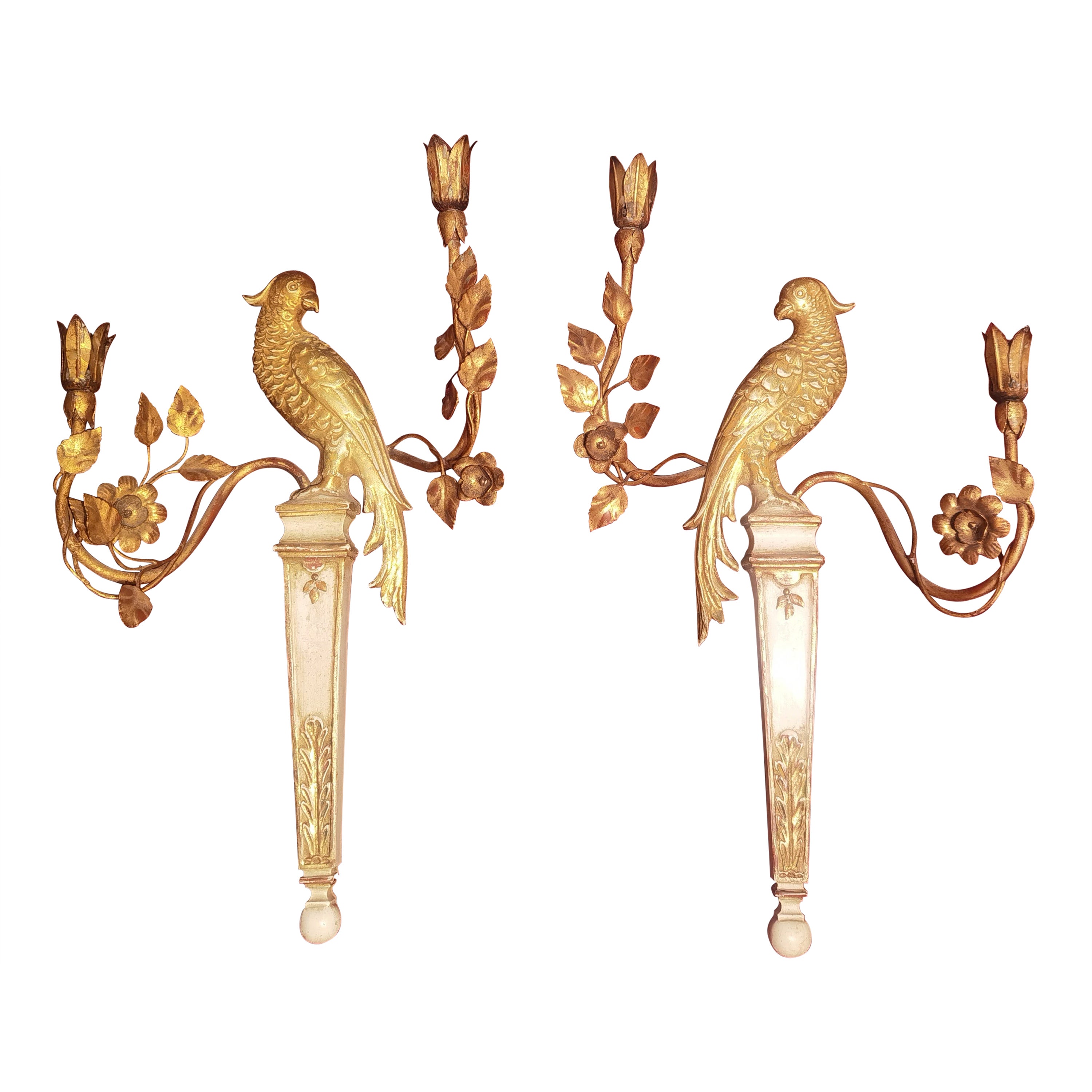 Pair of Empire Wall Chandeliers Wood with Birds For Sale