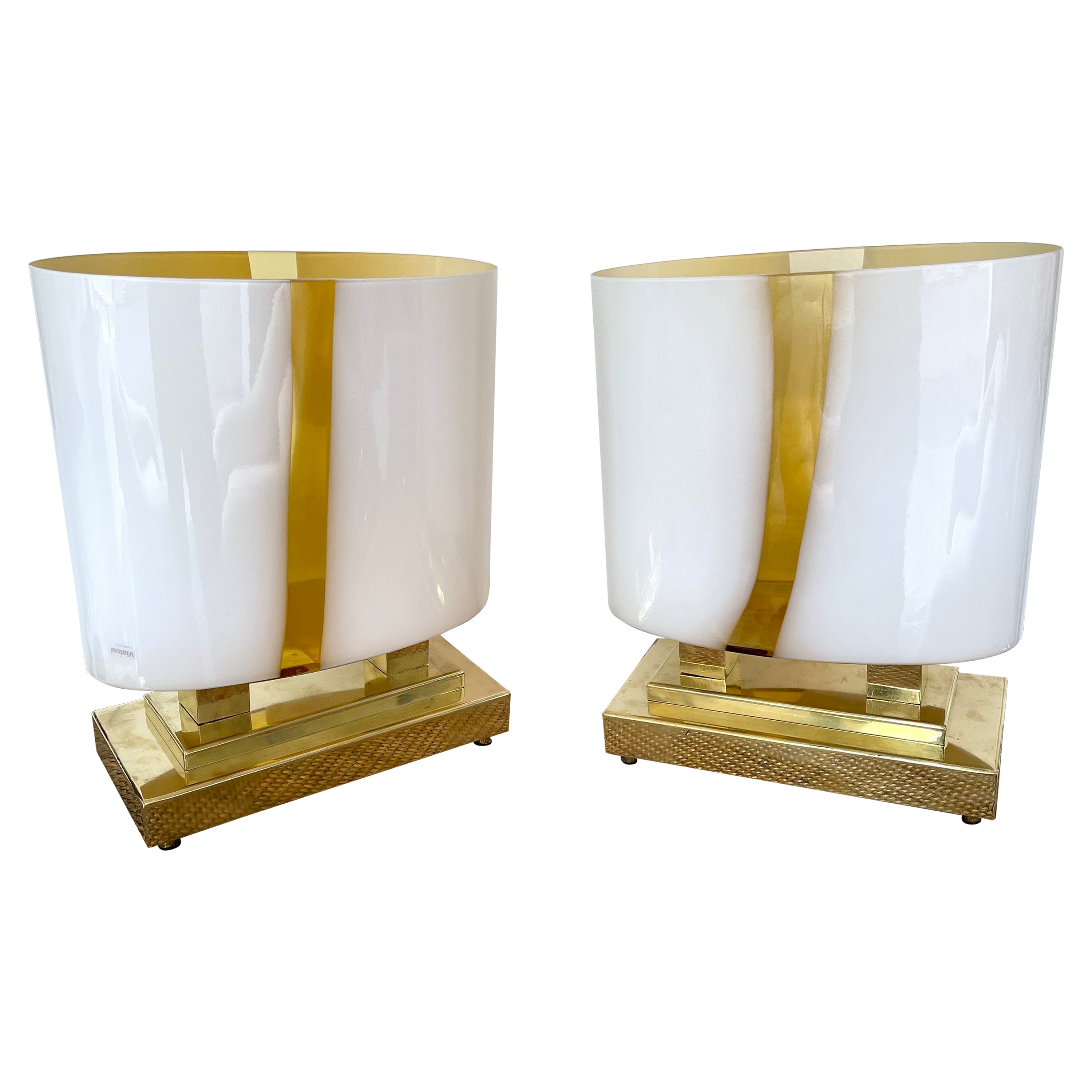 Contemporary Pair of Brass Murano Glass Vase Flame Lamps, Italy